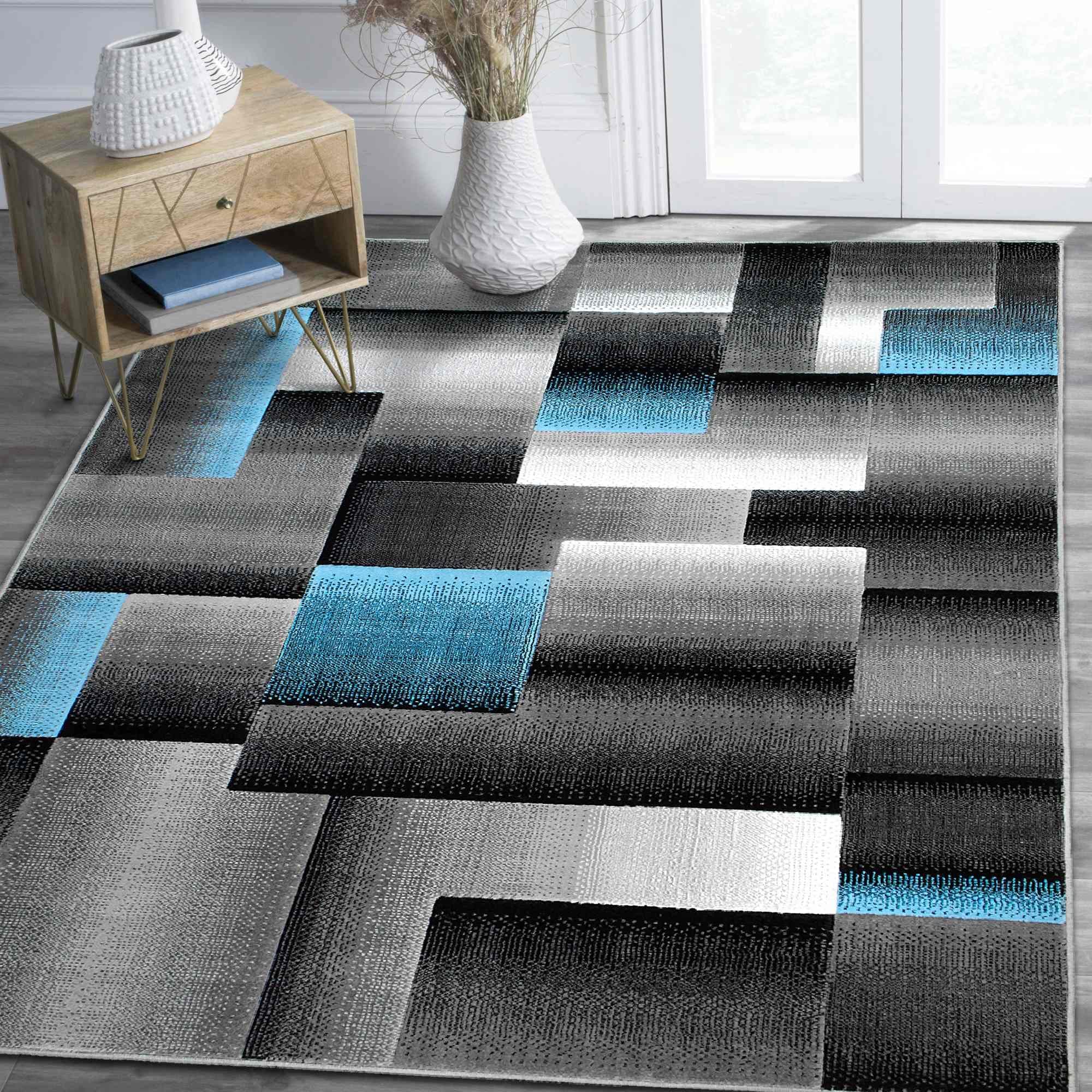 Handcraft Rugs Blue/Silver/Gray Abstract Geometric Modern Squares Pattern Area Rug 8 ft. by 10 ft.